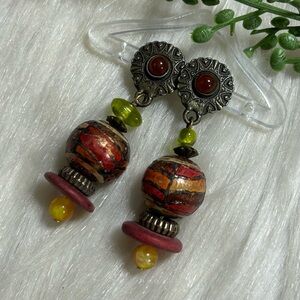 Bohemian Orange & Red Bead Drop Earrings